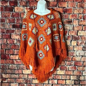 Forever 21 Orange Crochet Fringe Poncho with Multicolor Granny Squares
